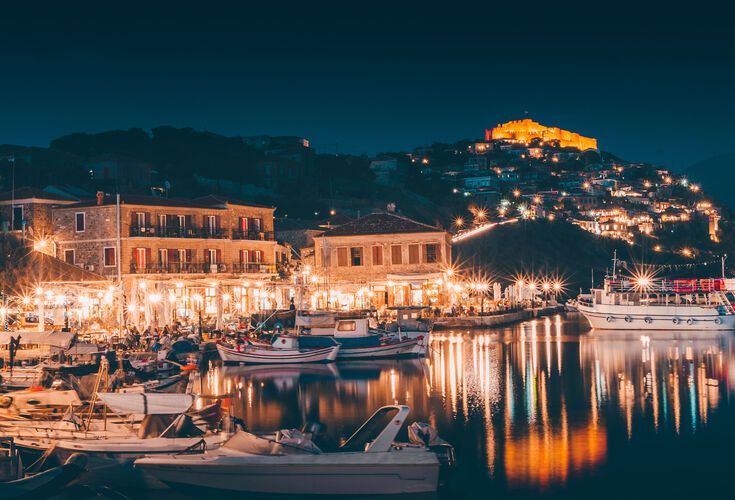 The castletown of Molyvos at night 