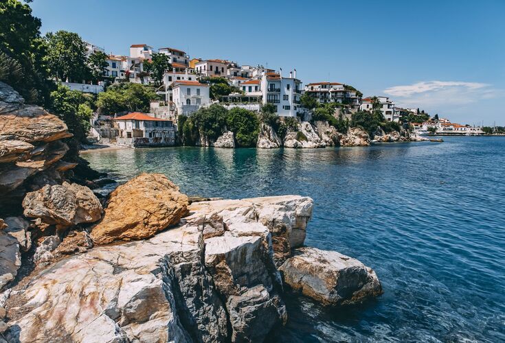 The captain’s houses of the listed Plaka district, Skiathos town