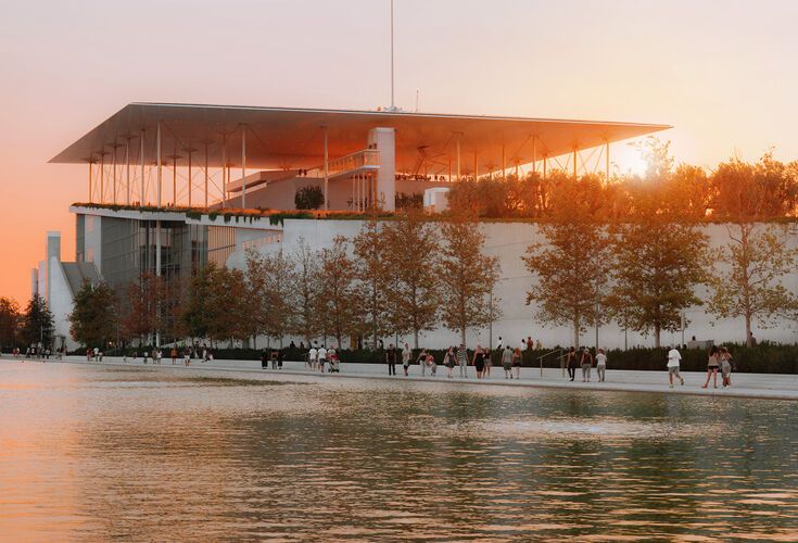 Stavros Niarchos Foundation Center at sunset