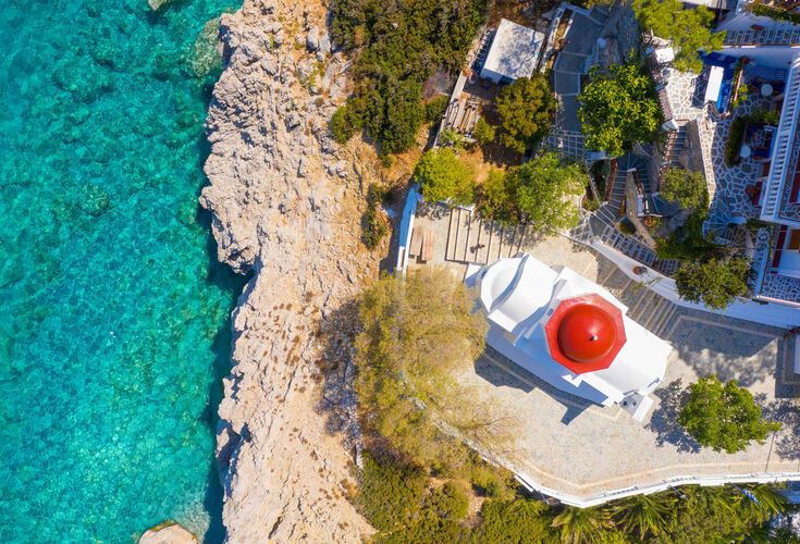 Aerial view of Kyra Panagia beach and the chapel in Karpathos