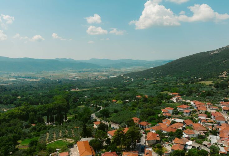 Mesoropi village is built on the slopes of Mt Pangaio 