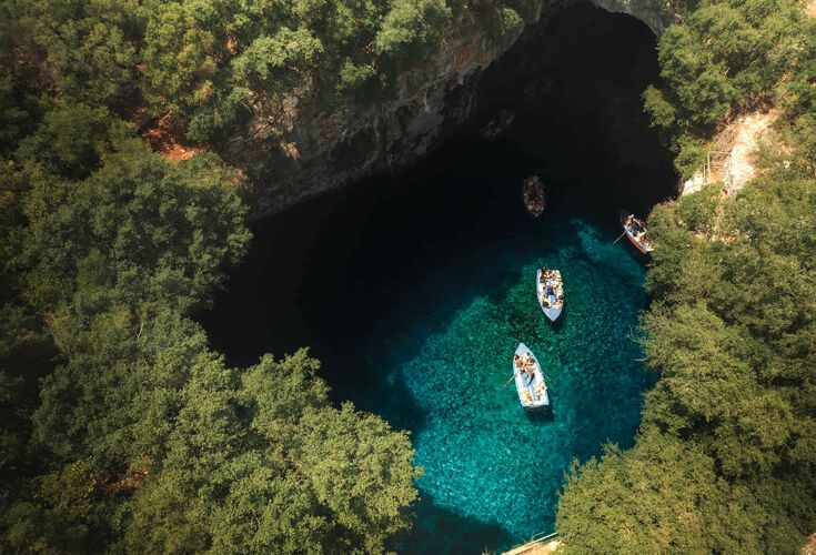 Aerial view of the famous Melissani cave in Kefalonia