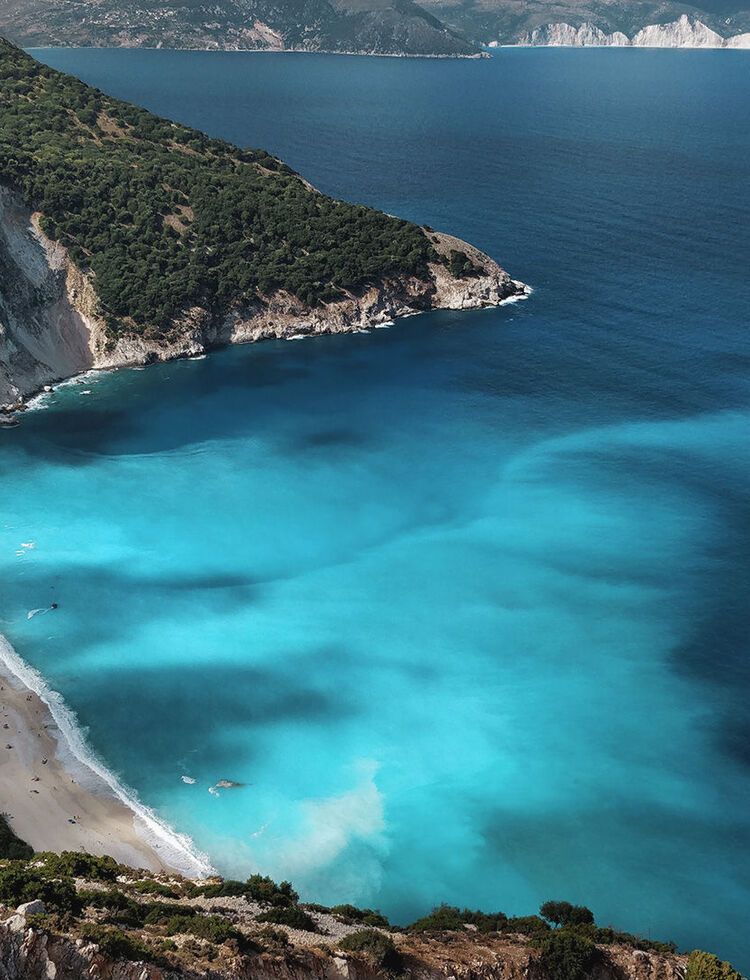 Amazing blue waters of Myrtos beach in Kefalonia