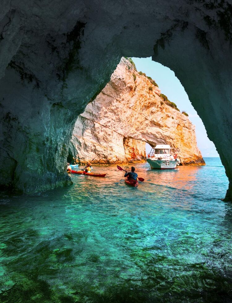 Sea kayaking offers a unique water-level appreciation of Zakynthos’ extraordinary Blue Caves
