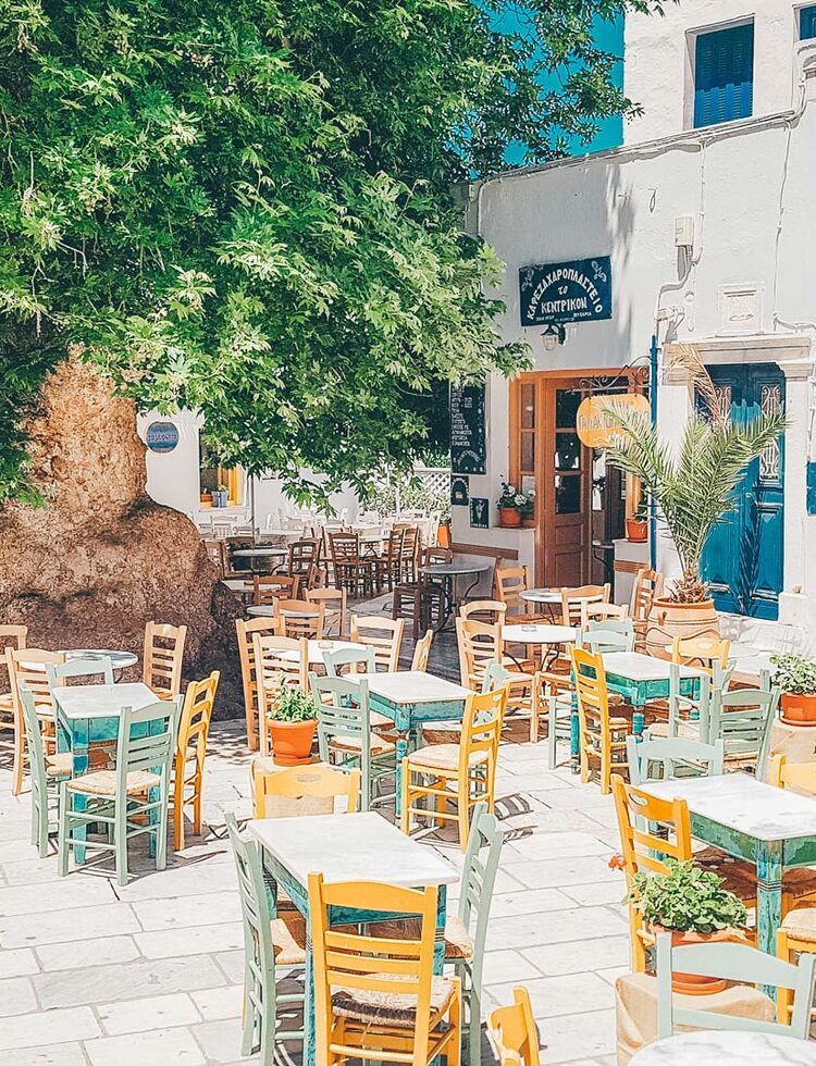 Pyrgos, in the north, has a charming square where you can settle down to Greek coffee and a slice of galaktoboureko
