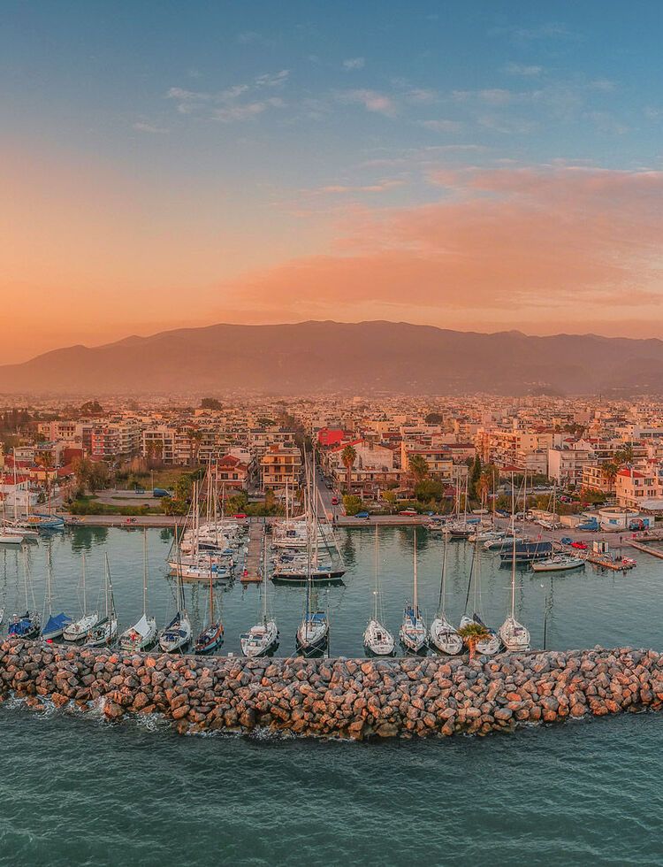 Idyllic landscape of Kalamata's Marina at sunset