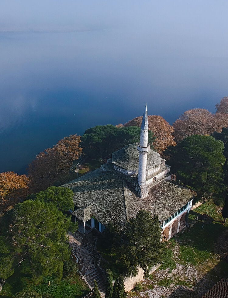 Ioannina Aerial view of lake pamvotida and Fethiye Mosque