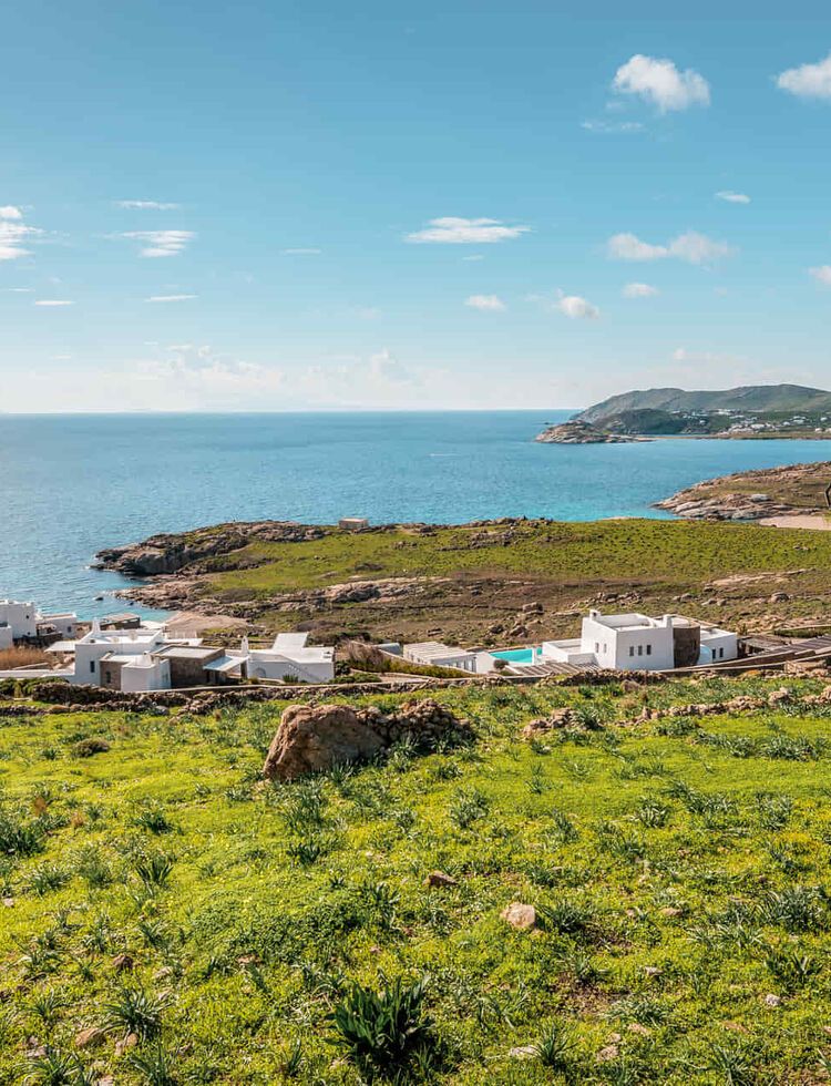 Spring on the island of Mykonos and amazing view to the Aegean