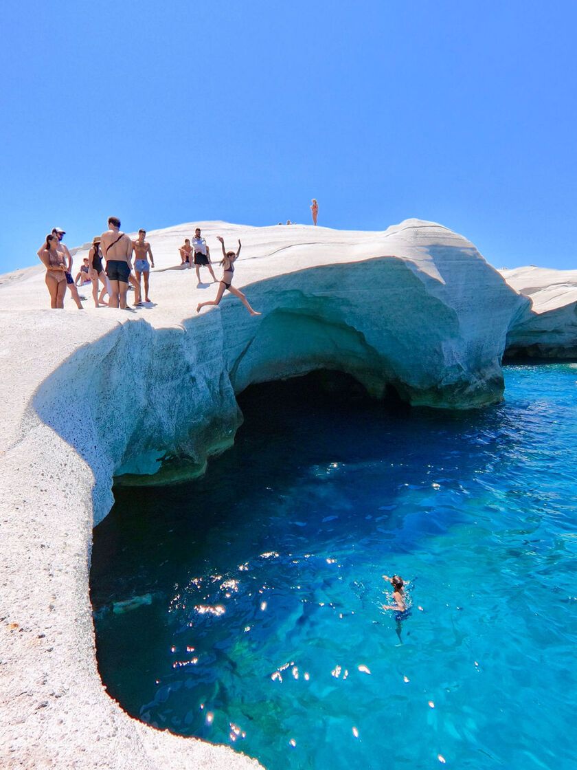 Would you jump? At the Sarakiniko moonscape in Milos