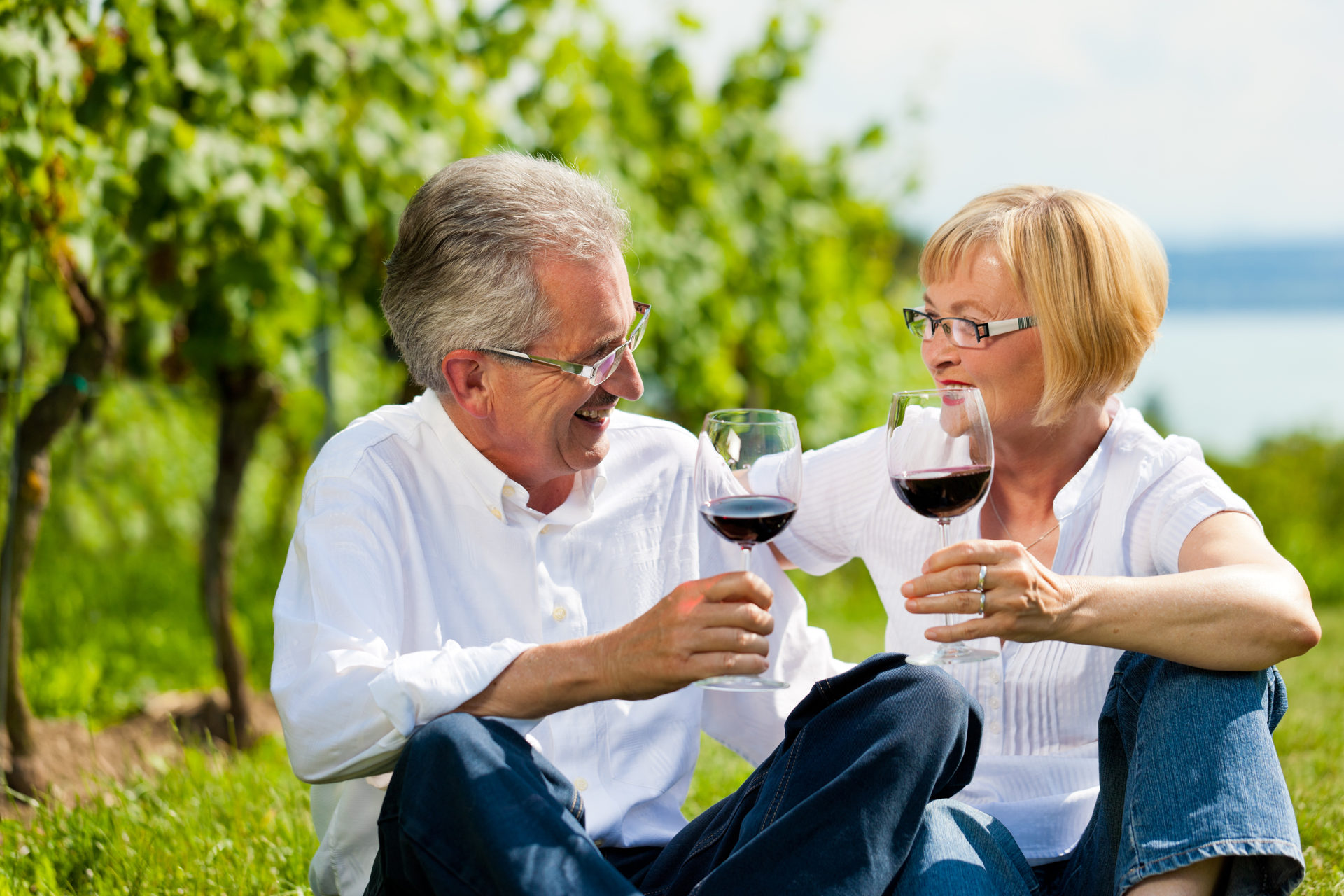 Senior couple enjoying a glass of red wine