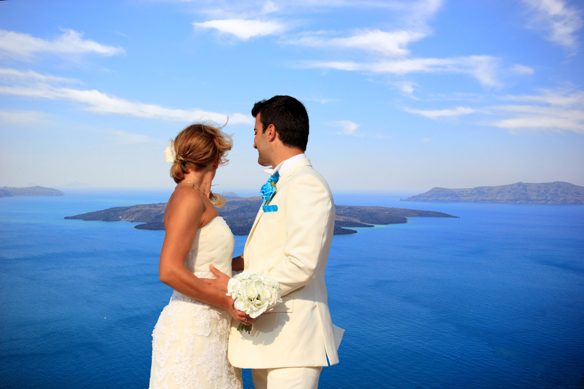 Bride and groom on Santorini island  N